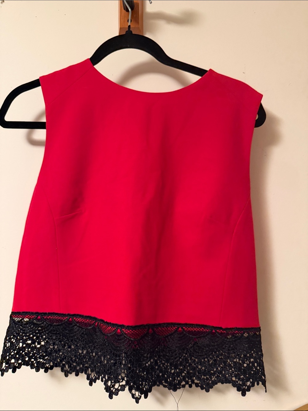 French Connection Red Sleeveless Crop Top with Black Lace Trim